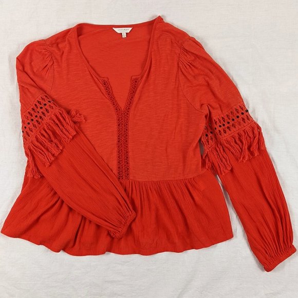 Lucky Brand Boho Tassel Peasant Top Sz M - Picture 1 of 4